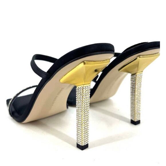 Good American Satin Rhinestone Heels Womens 7.5 Black Gold Square Toe Holidays - Picture 6 of 12